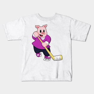 Pig at Ice hockey with Ice hockey stick Kids T-Shirt